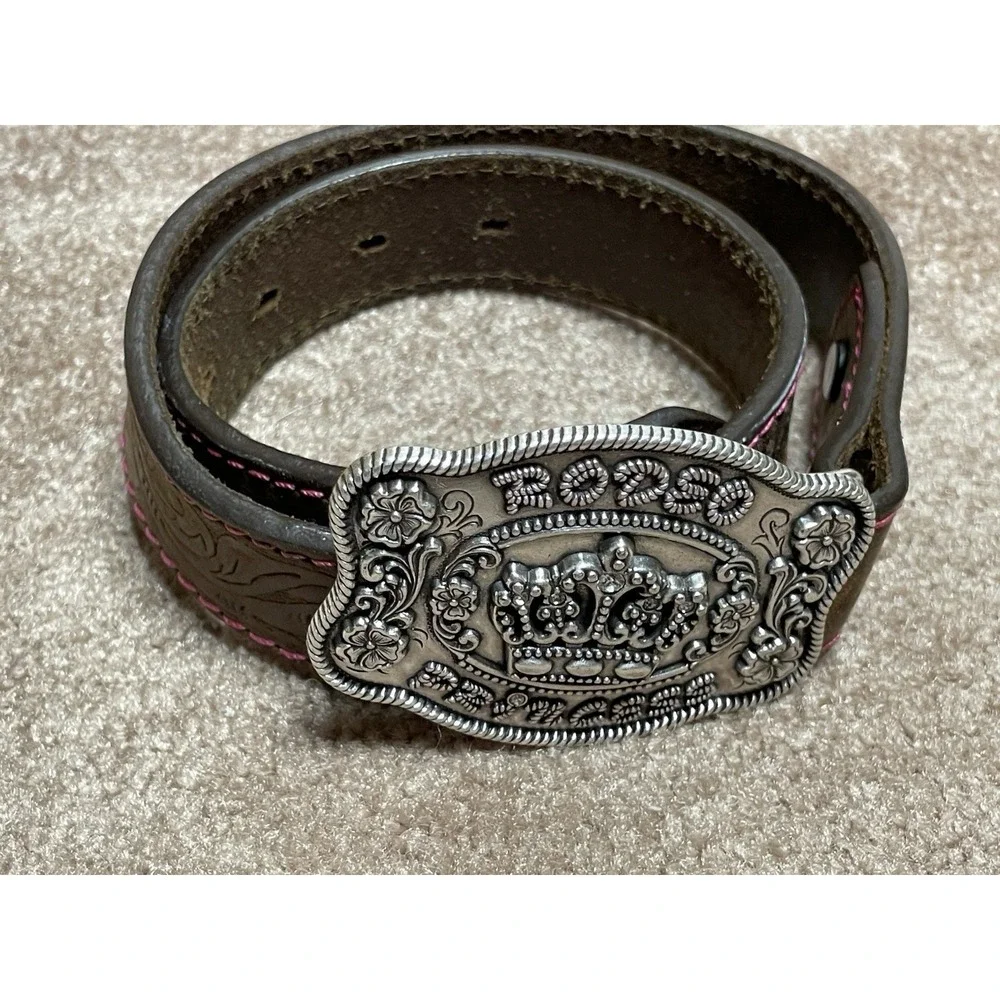 Angel Ranch Youth Girl's‎ Rodeo Princess Brown Leather Pink Trim Belt D130002034